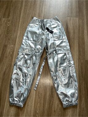 Fashion Nova Metallic Silver Cargo Joggers